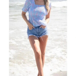 Simply Southern NWT Shirred Blouse Aztec Print Summer XL Light Blue Summer